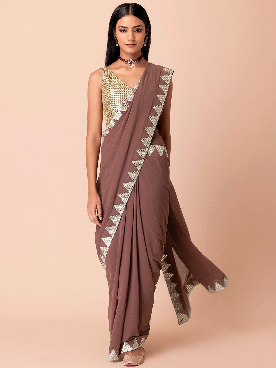 

Indya Luxe Pink & Silver-Toned Zari Saree With Set Embroidered Bouse