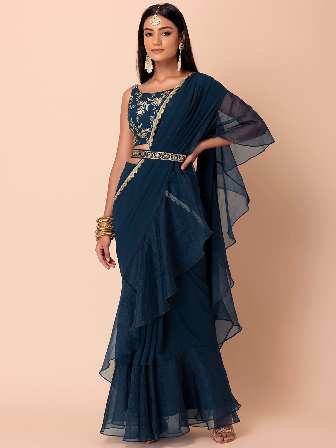 

Indya Luxe Blue & Gold-Toned Saree With Sequin Embroidered Blouse And Belt