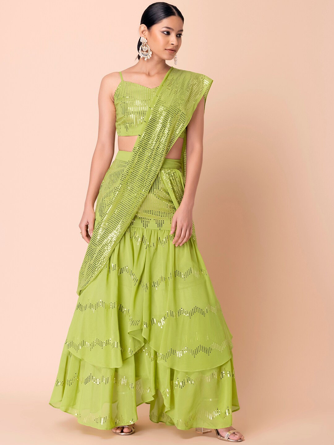 

Indya Luxe Green & Gold Saree Set With Strappy Blouse