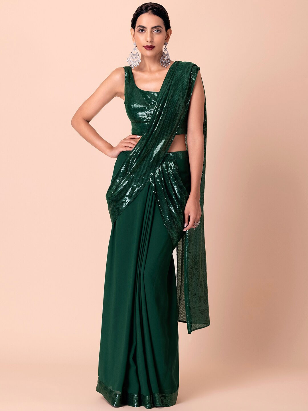 

Indya Luxe Green Embellished Sequinned Set With Strappy Blouse Saree