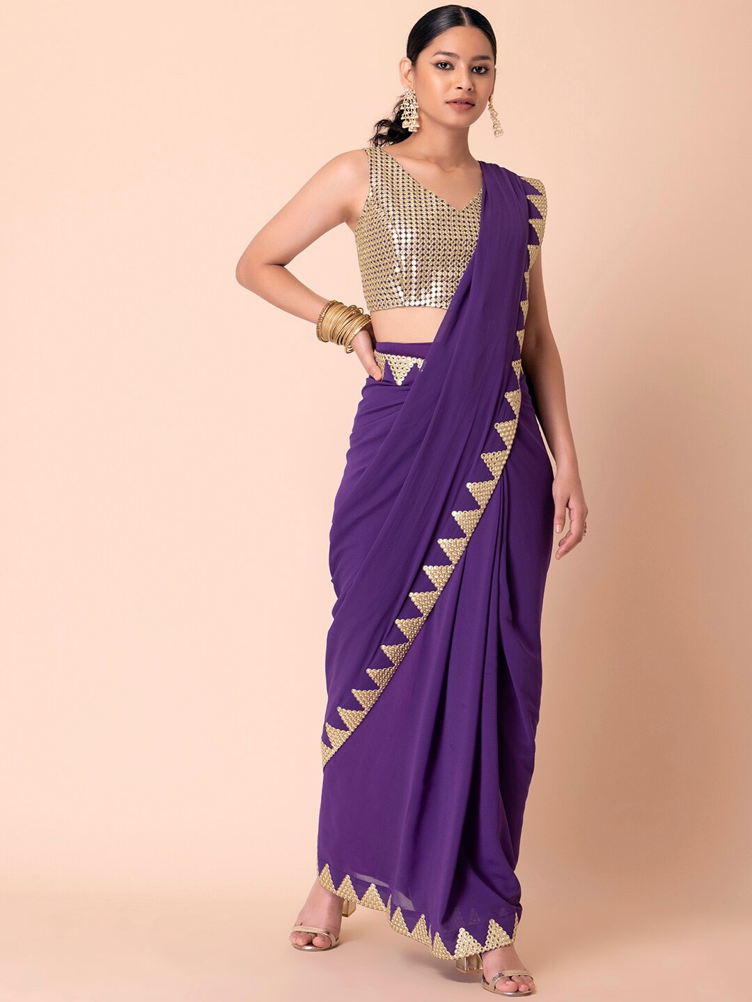 

Indya Luxe Purple & Gold-Toned Embellished Mirror Work Saree