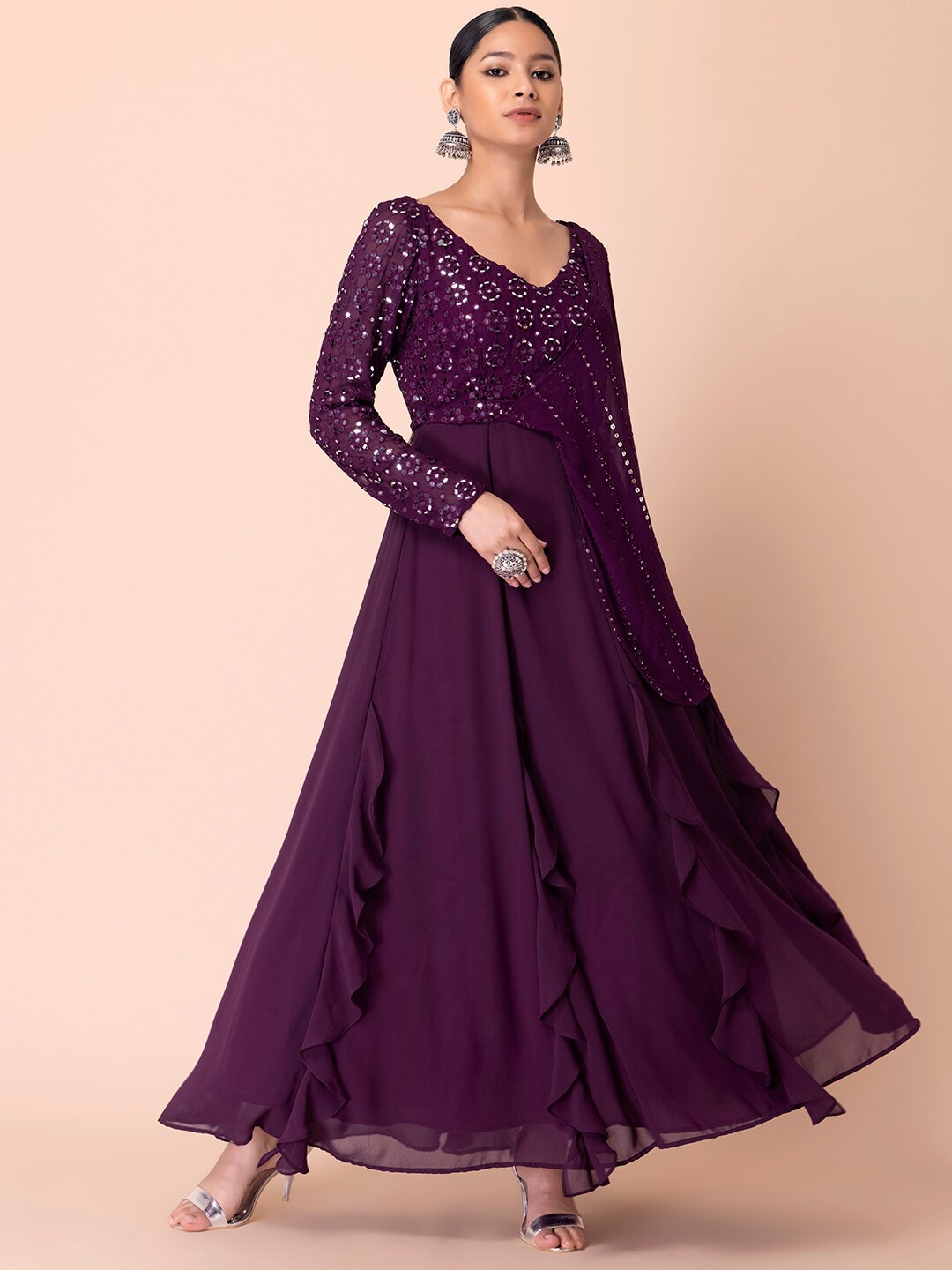 

Indya Luxe Women Purple Floral Embroidered Georgette Ethnic Dress