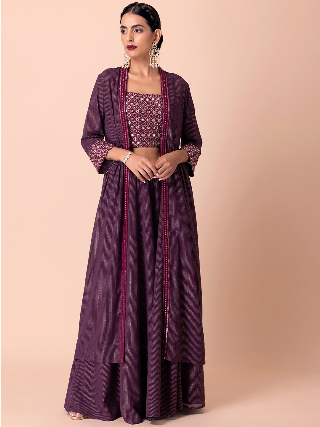 

Indya Luxe Women Purple Ethnic Motifs Embroidered Mirror Work Top with Palazzos