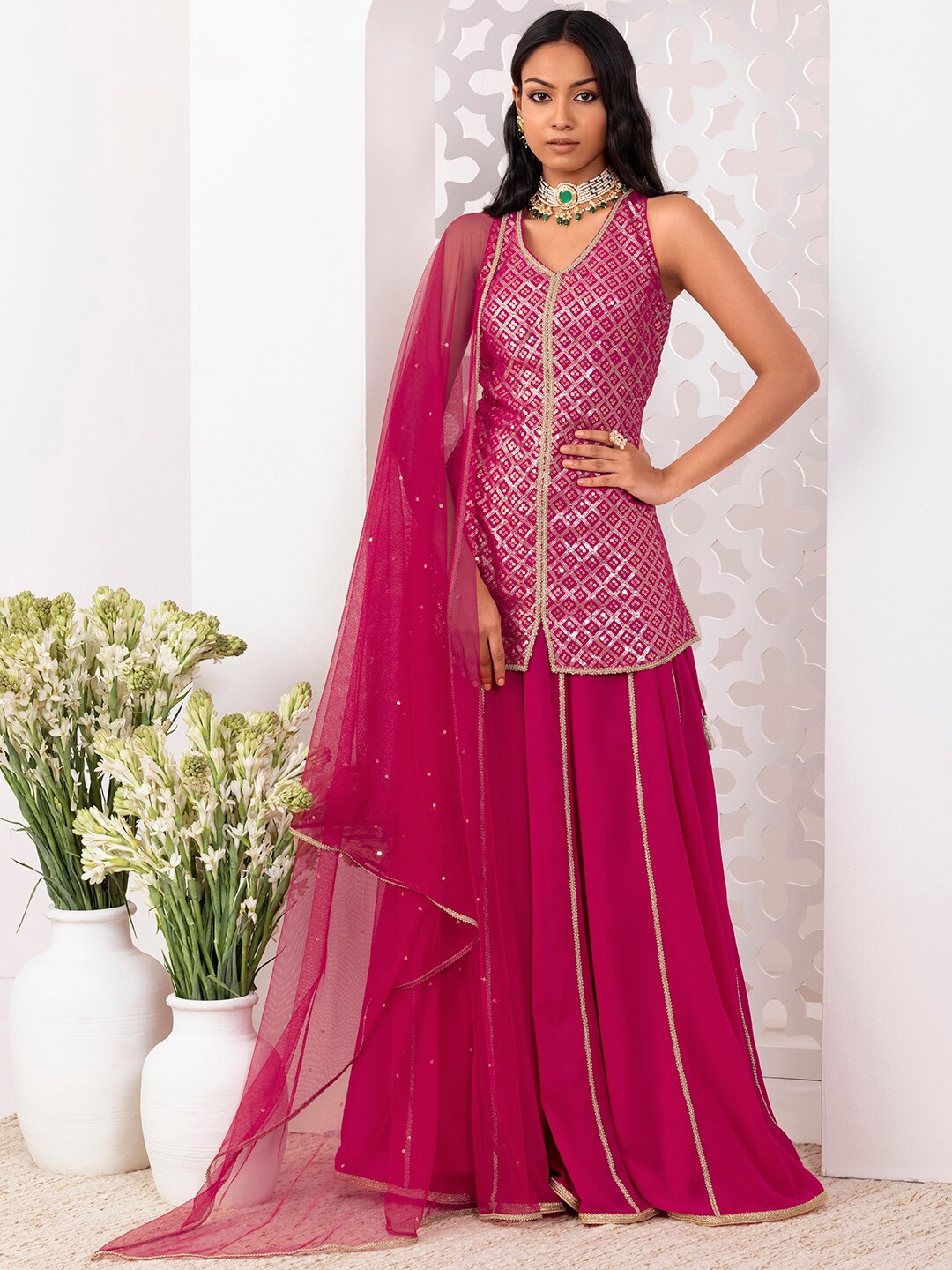 

Indya Luxe Women Pink Embroidered Sequinned Kurta with Sharara & With Dupatta