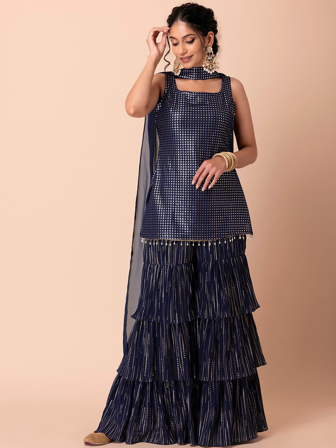 

Indya Luxe Women Blue Embroidered Mirror Work Kurti with Sharara & Dupatta