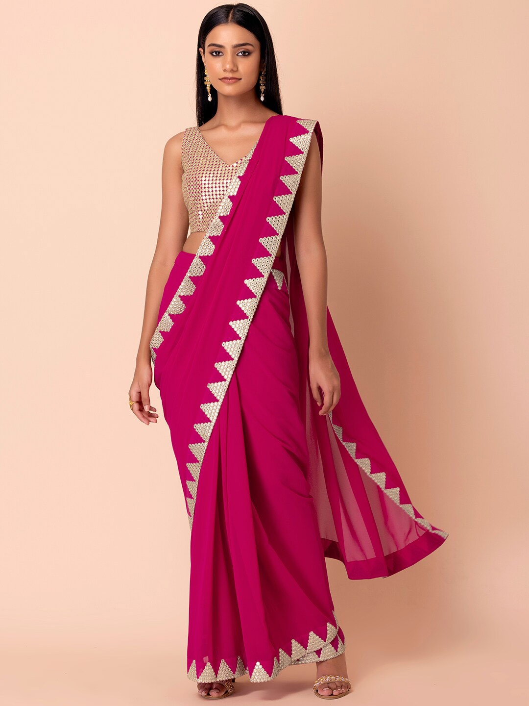 

Indya Luxe Pink & Gold-Toned Embellished Saree With Blouse
