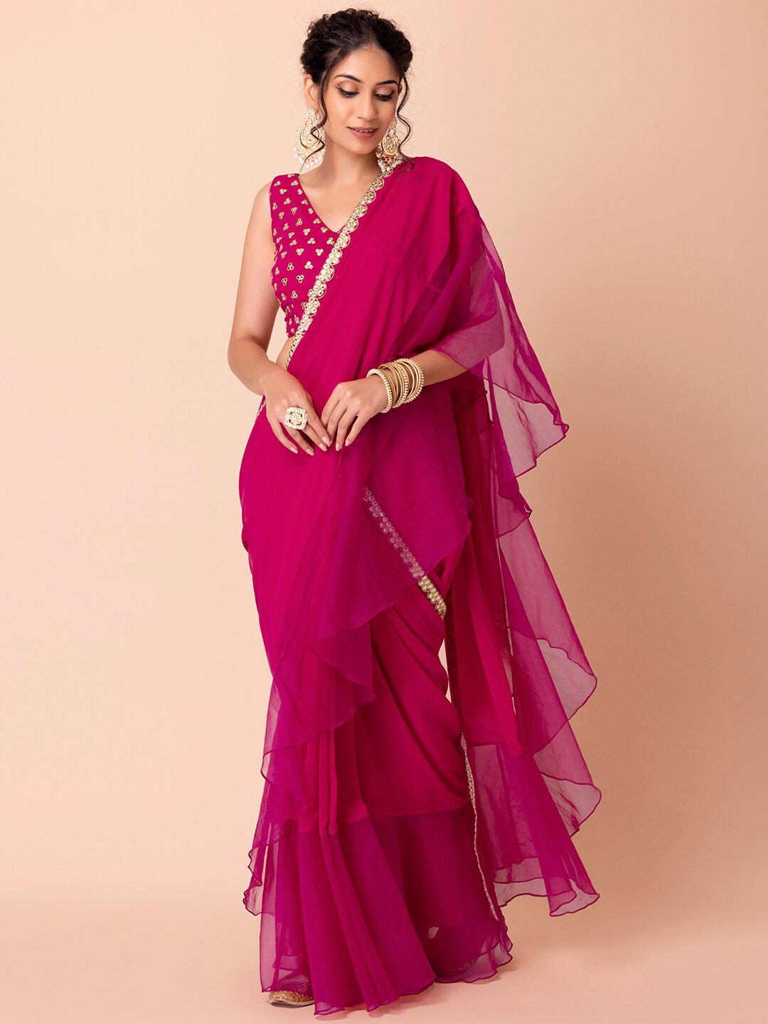 

Indya Luxe Pink Saree With Embroidered Blouse