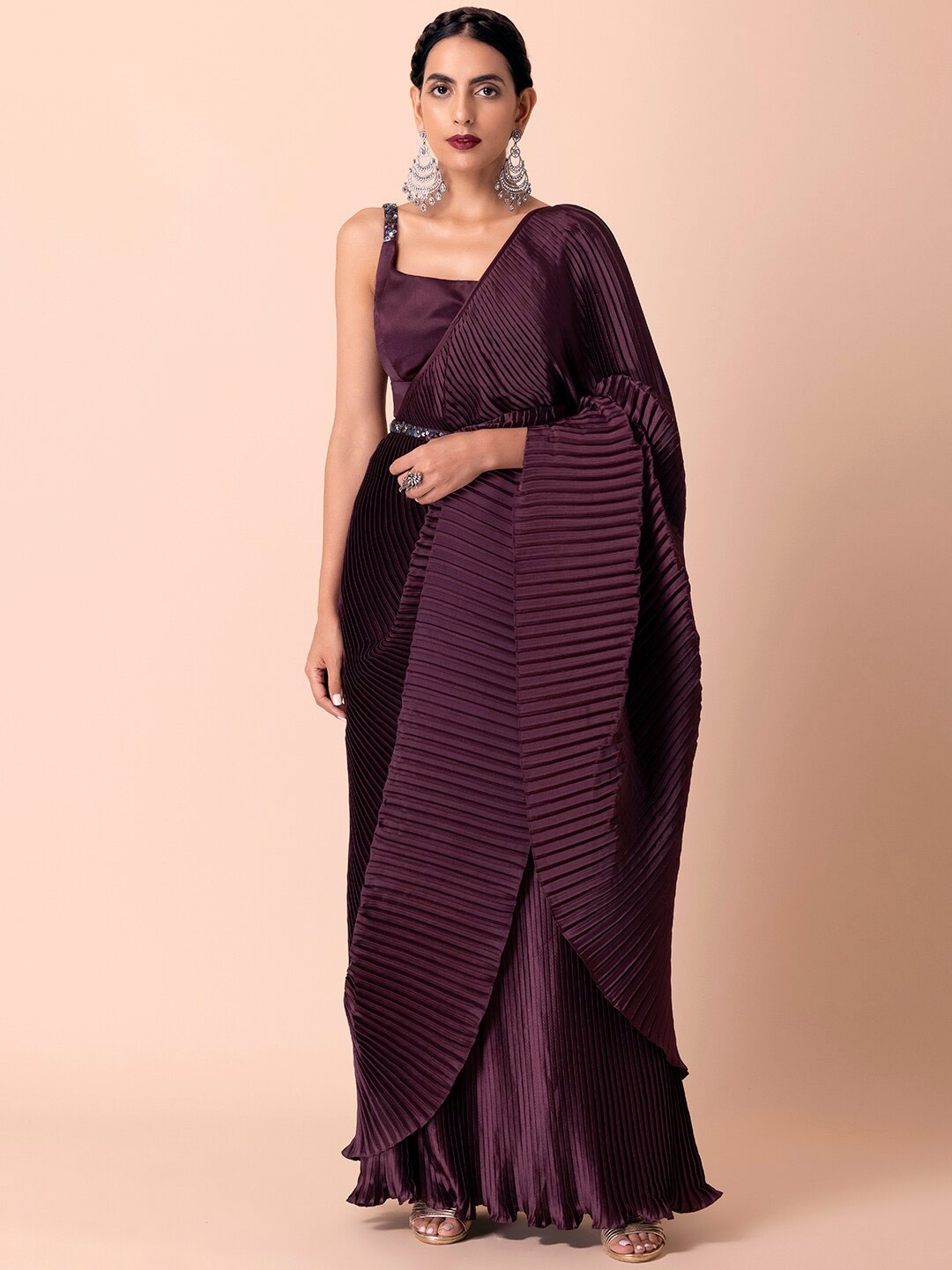 

Indya Luxe Purple Satin Saree With Embroidered Blouse And Belt