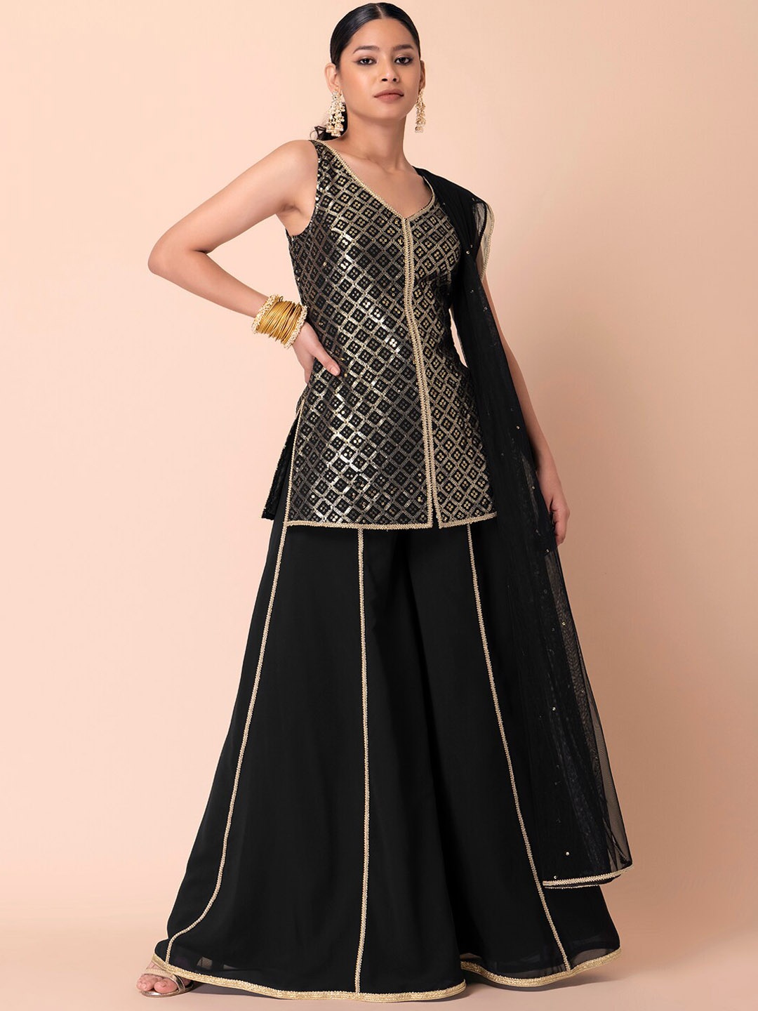 

Indya Luxe Women Black Embroidered Kurti with Palazzos & Dupatta