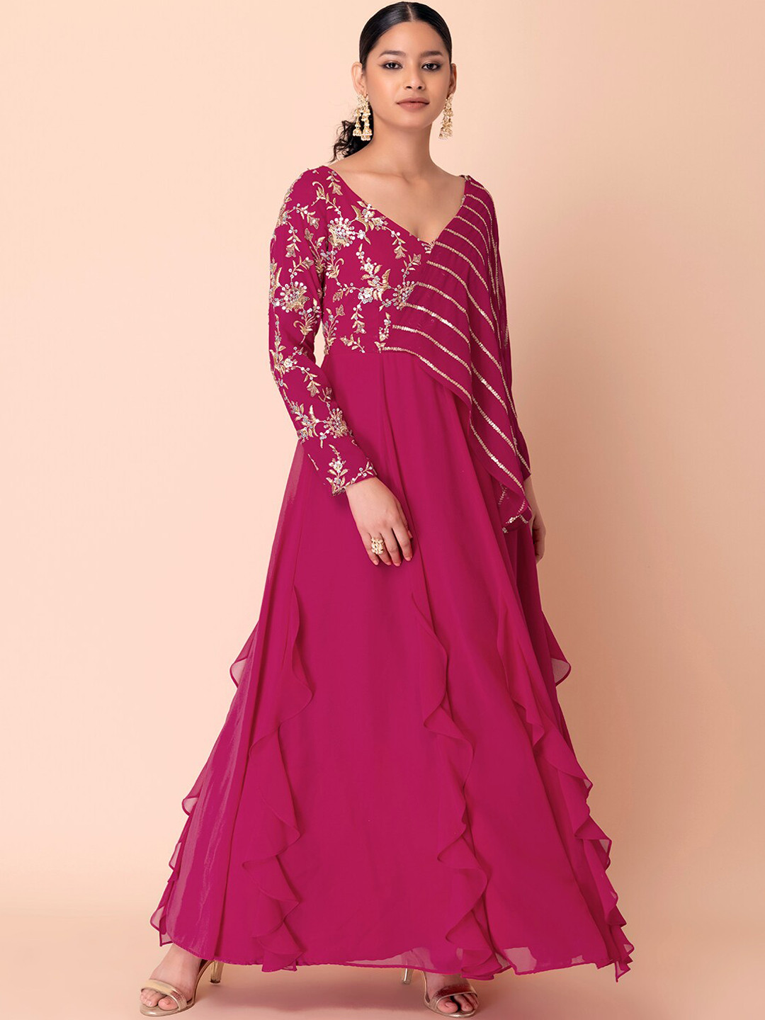 

Indya Luxe Women Pink Floral Embroidered Georgette Anarkali Kurta