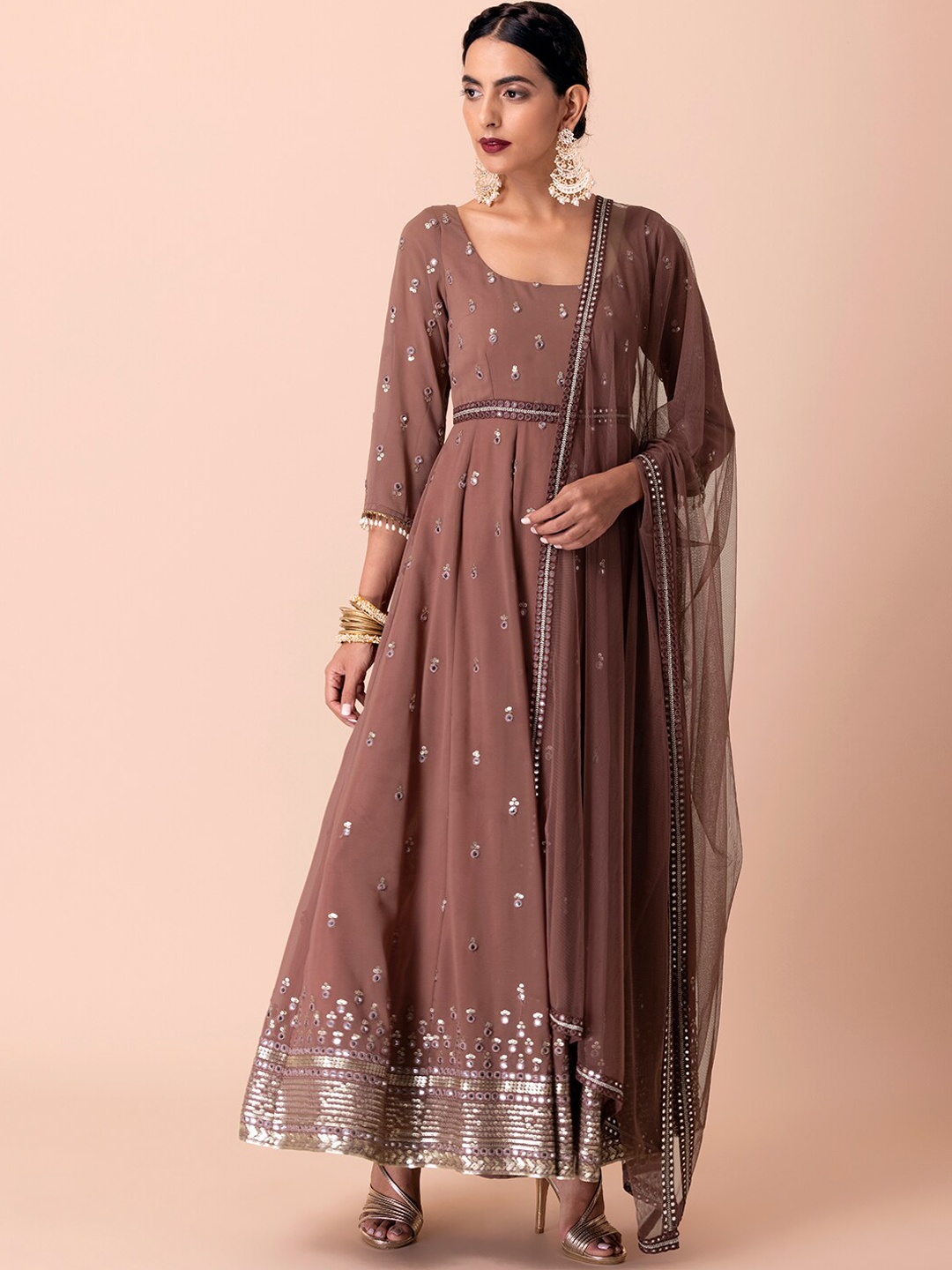 

Indya Luxe Women Mauve Floral Embroidered Mirror Work Kurta with Churidar & With Dupatta