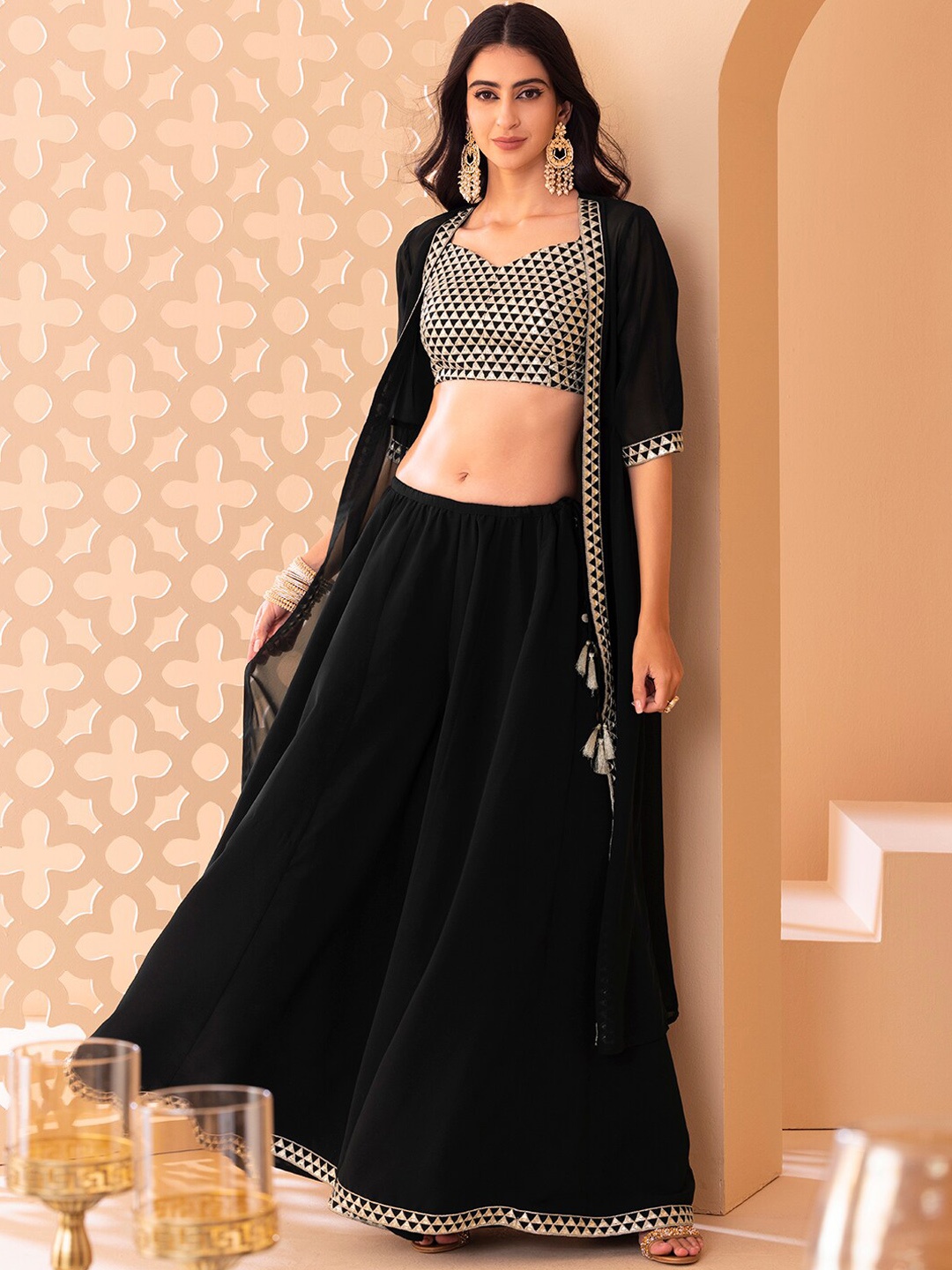 

Indya Luxe Women Black Embroidered Top with Palazzos & Jacket