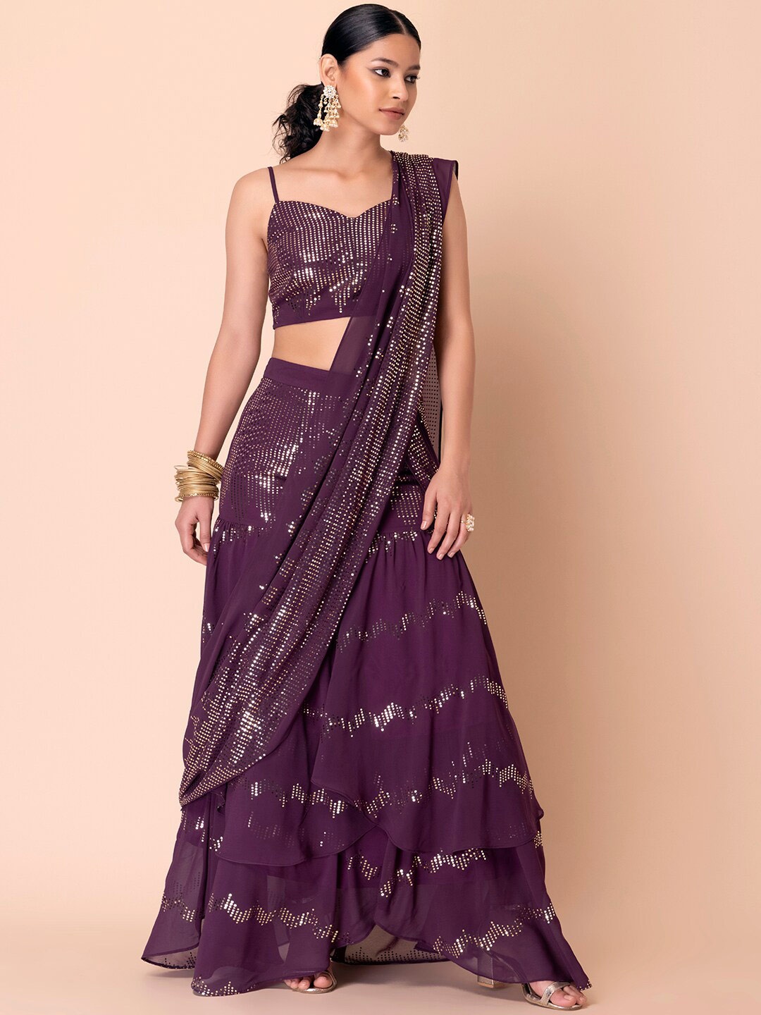 

Indya Luxe Purple & Silver-Toned Embellished Saree With Blouse