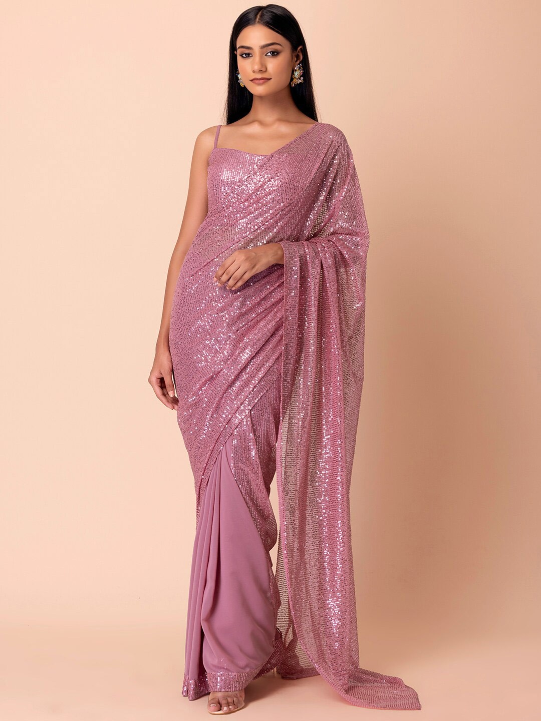 

Indya Luxe Pink Embellished Sequinned Saree Set With Blouse