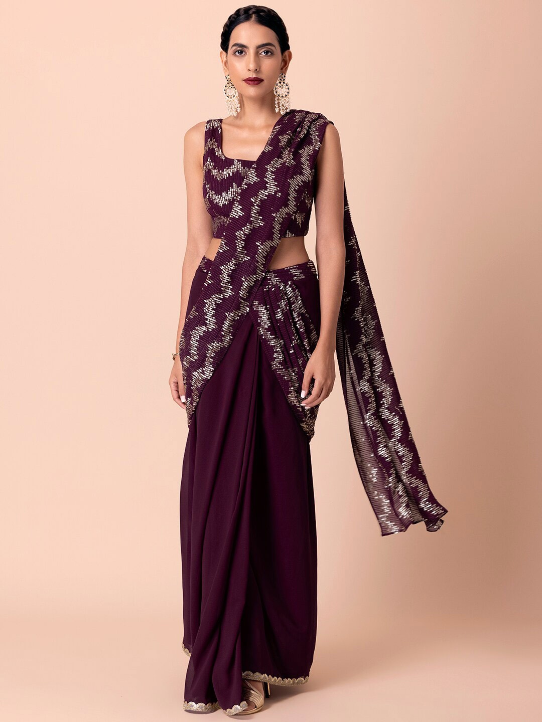 

Indya Luxe Purple & Silver-Toned Embellished Sequinned Saree With Strappy Blouse