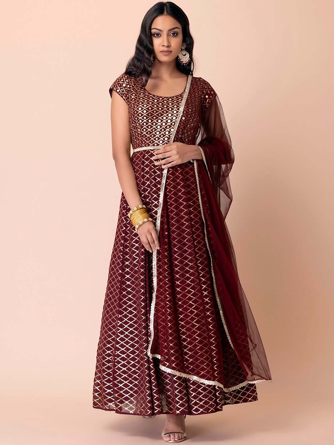 

Indya Luxe Women Maroon Embroidered Sequinned Kurta with Churidar & With Dupatta