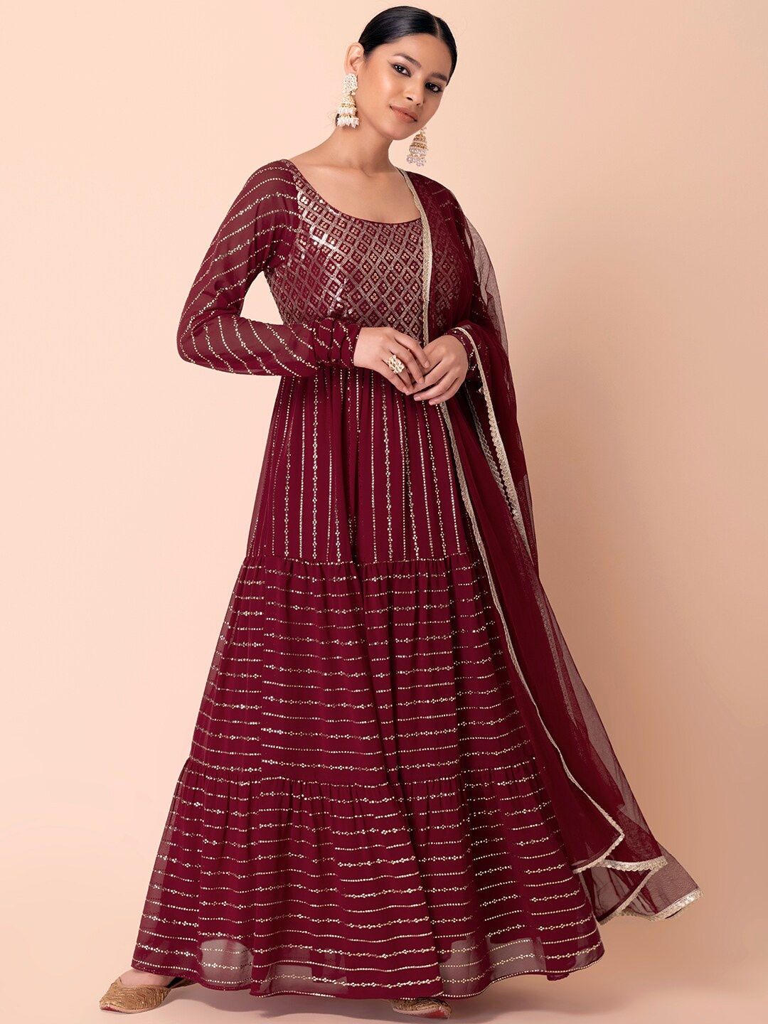 

Indya Luxe Women Maroon Ethnic Motifs Embroidered Sequinned Kurta with Churidar & Dupatta