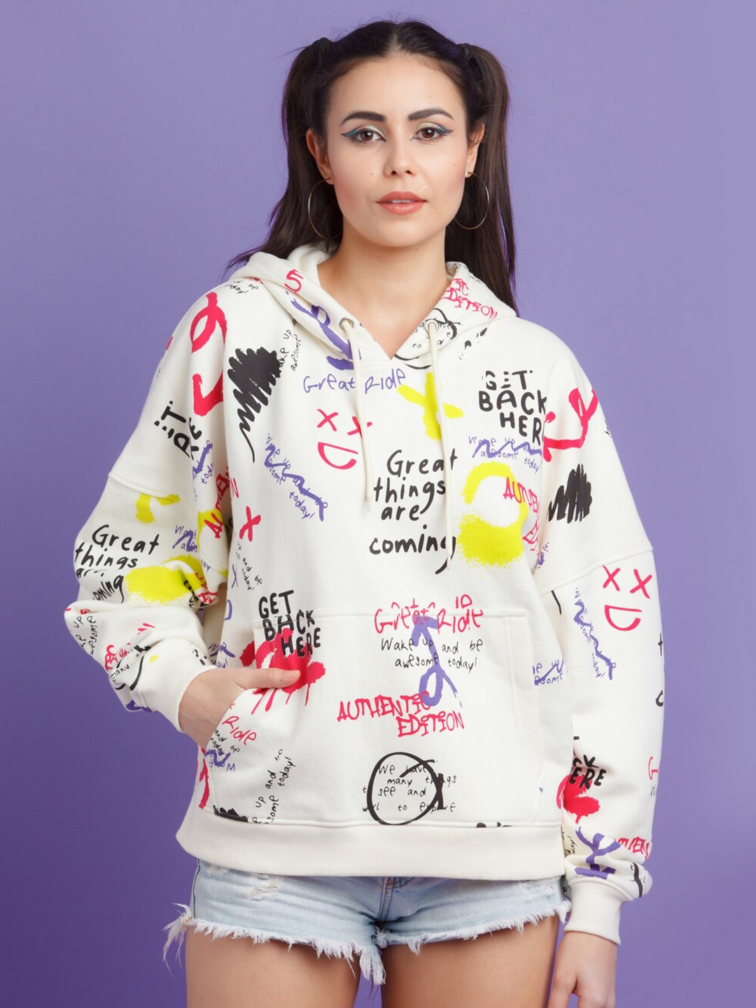 

zink Z Women White & Red Typography Printed Hooded Sweatshirt