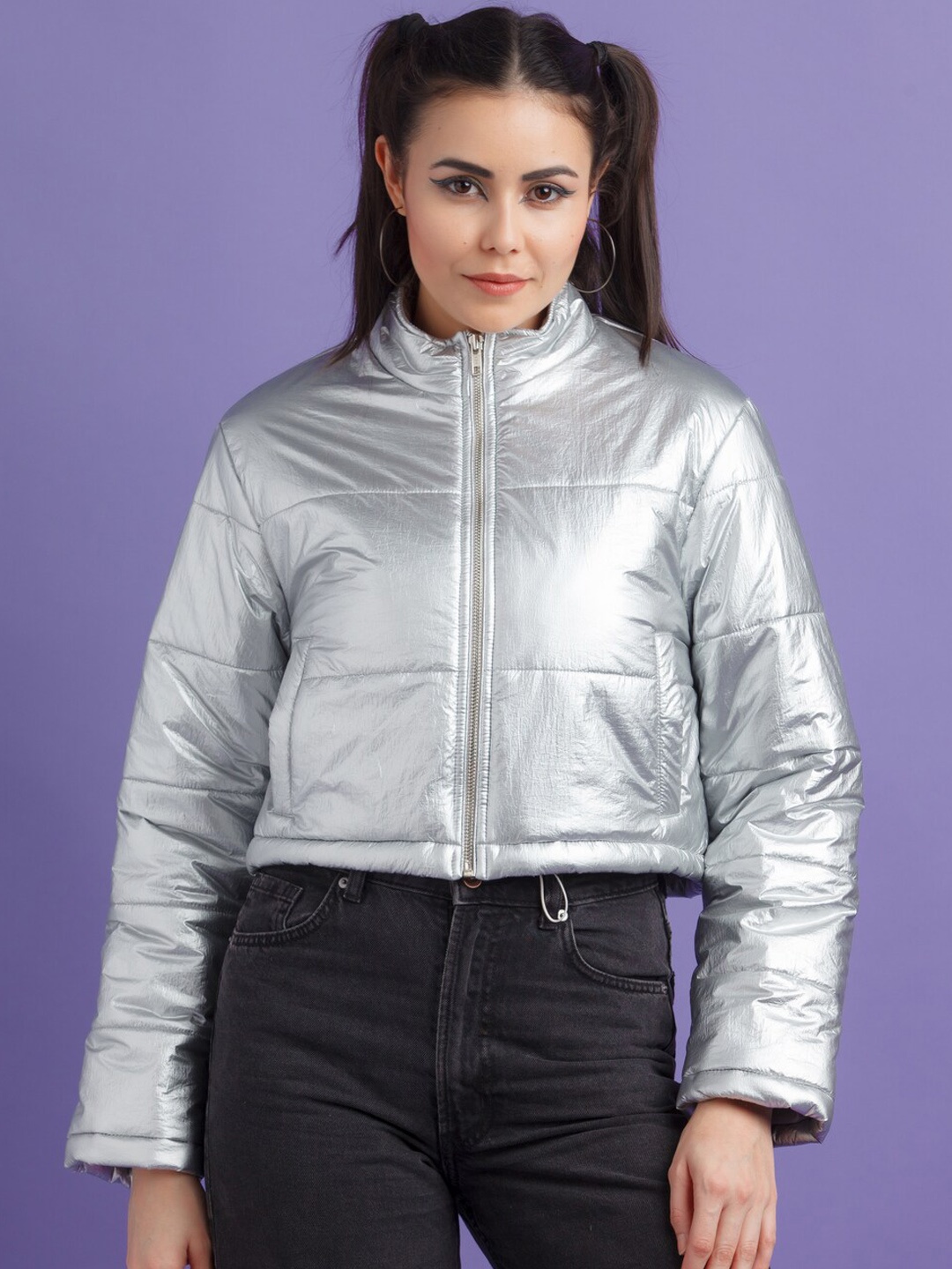 

zink Z Women Silver-Toned Crop Puffer Jacket