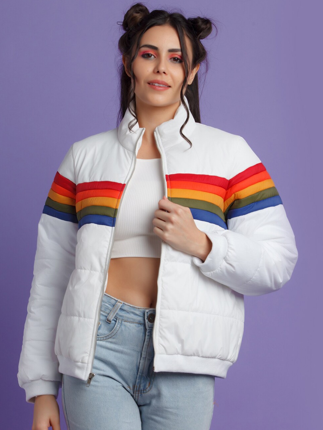 

zink Z Women White & Red Striped Puffer Jacket