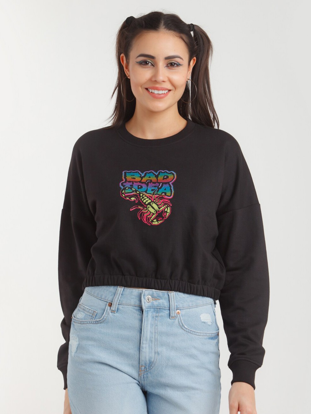 

zink Z Women Black Graphic Printed Crop Sweatshirt