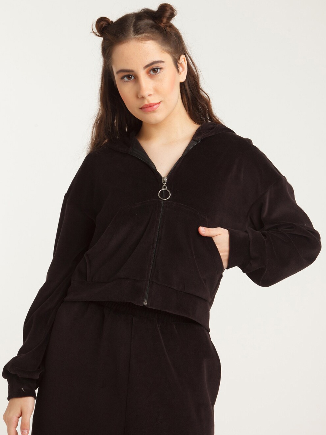 

zink Z Women Black Crop Hooded Bomber Jacket