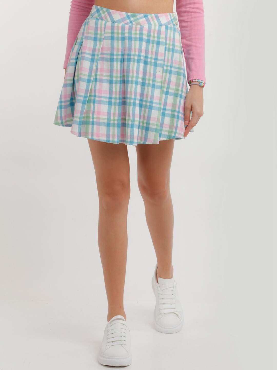 

zink Z Women Blue & White Checked Pure Cotton Mini Pleated Flared Skirt