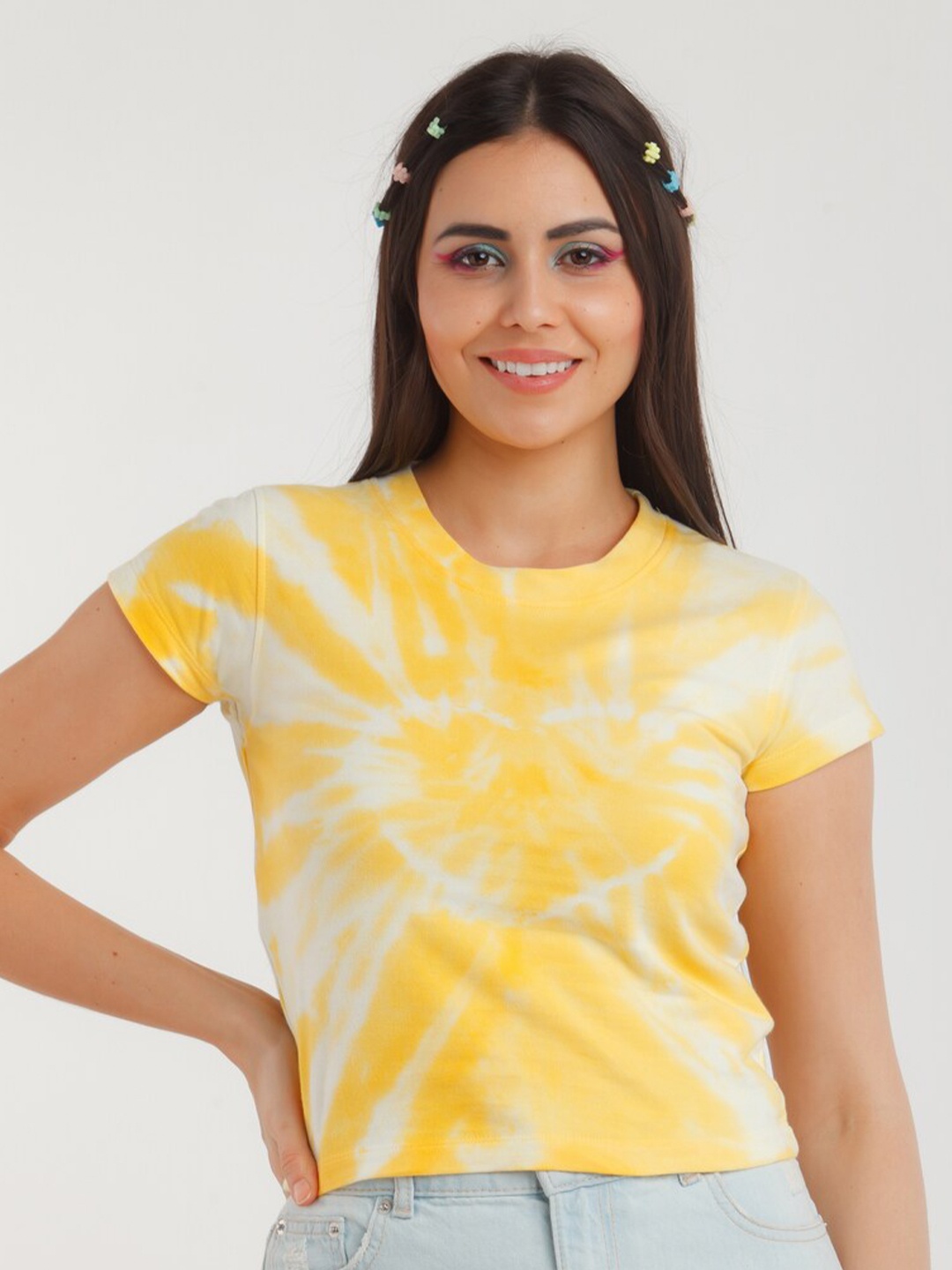 

zink Z Women Yellow & White Abstract Print Pure Cotton Top