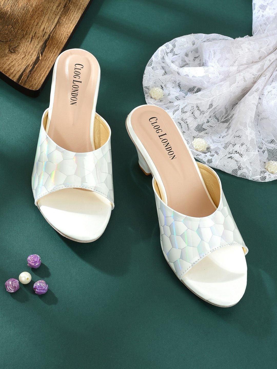 

CLOG LONDON White & Blue Printed Block Heels