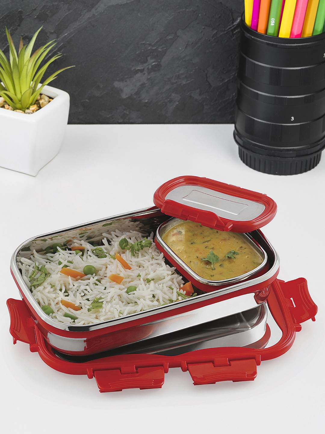 

Cello Click It Stainless Steel Lunch Box with Veg Box, Red