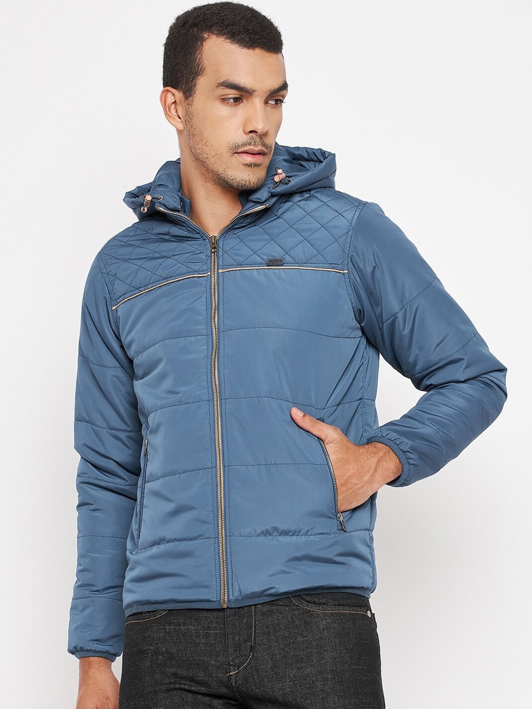 

Duke Men Blue Solid Polyester Hooded Padded Jacket