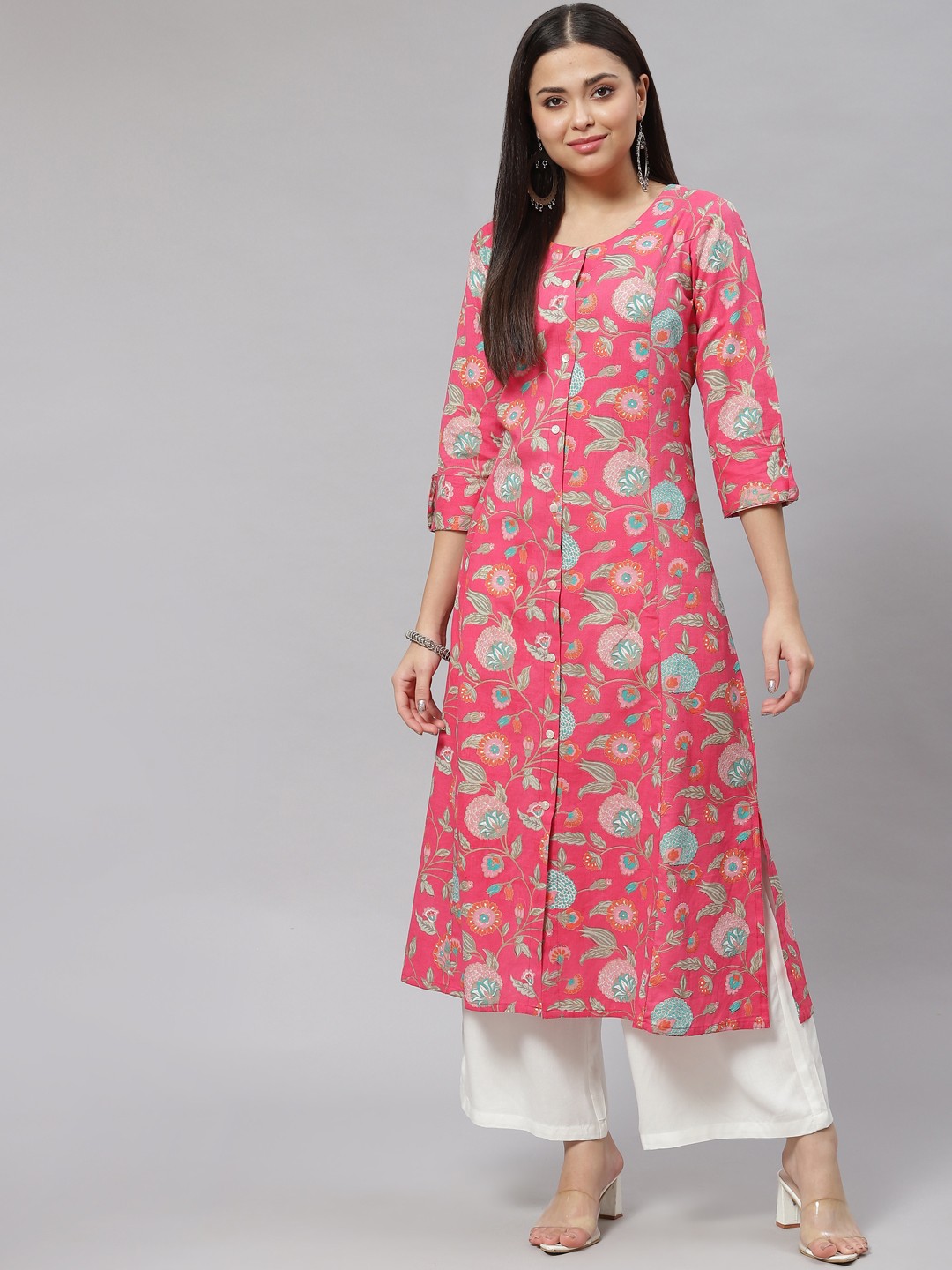 

Divena Women Pink & Green Cotton Flex Floral Print Kurta