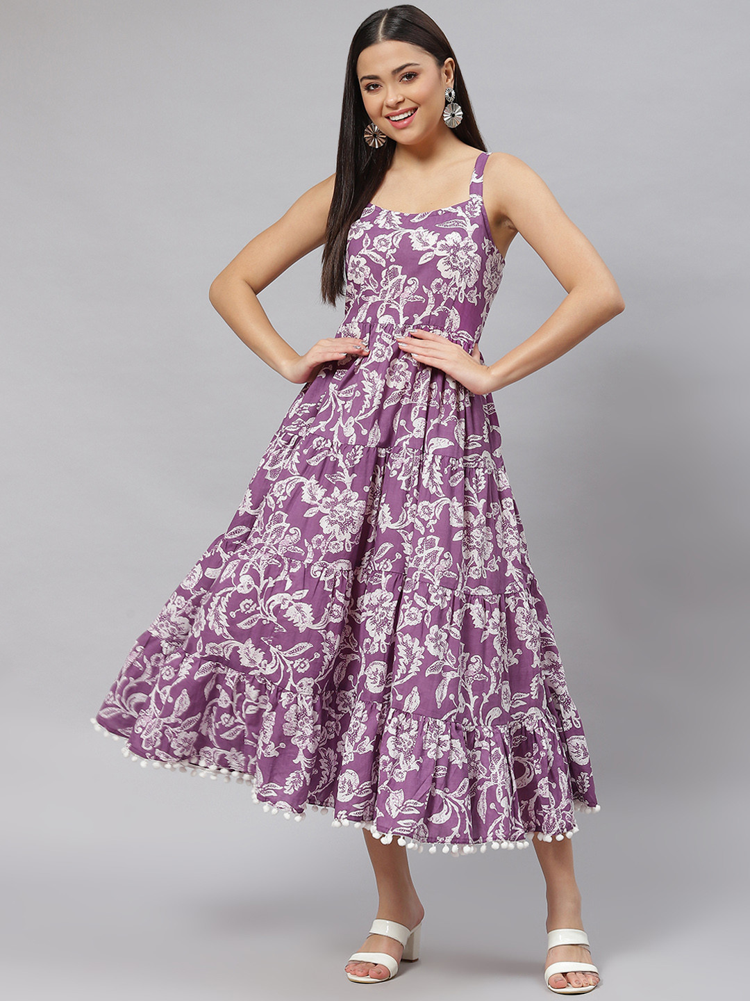 

Divena Purple & White Pure Cotton Floral Print Midi Dress
