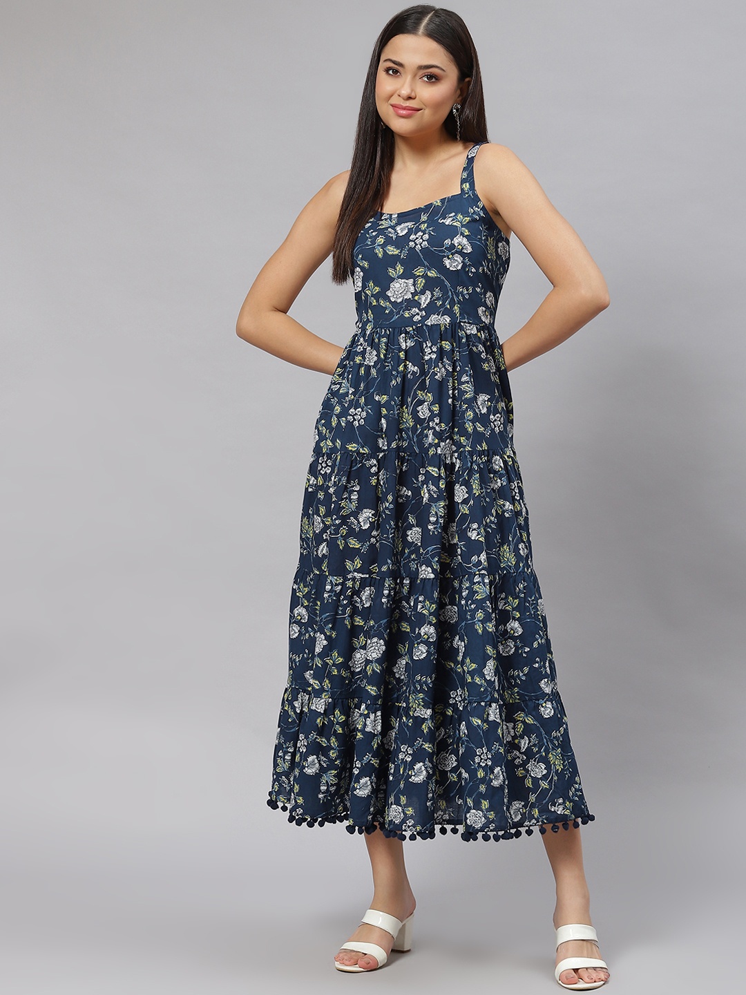 

Divena Navy Blue & White Pure Cotton Floral Print Midi Dress