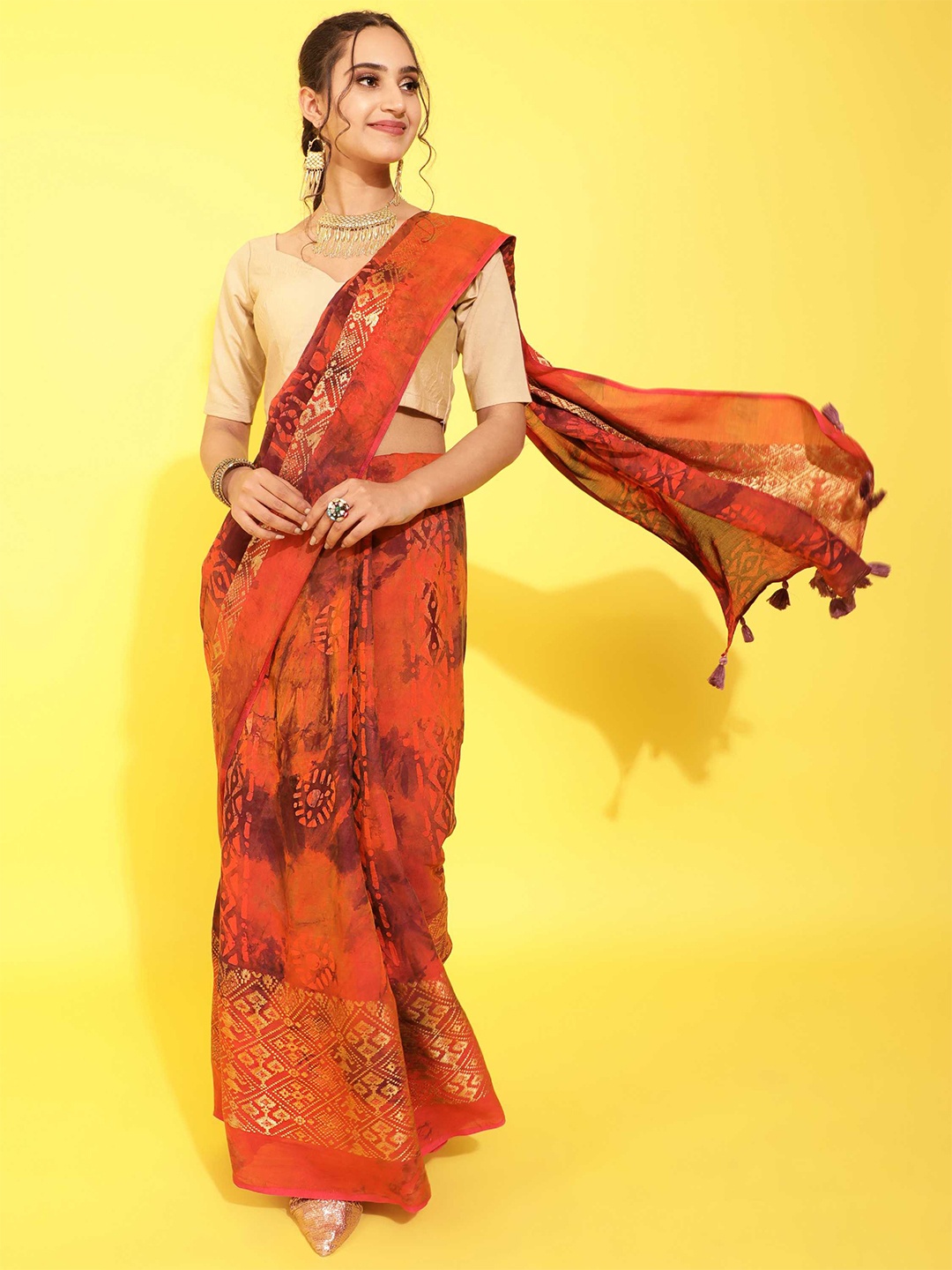 

DUNGRANI Orange & Brown Batik Printed Patola Saree