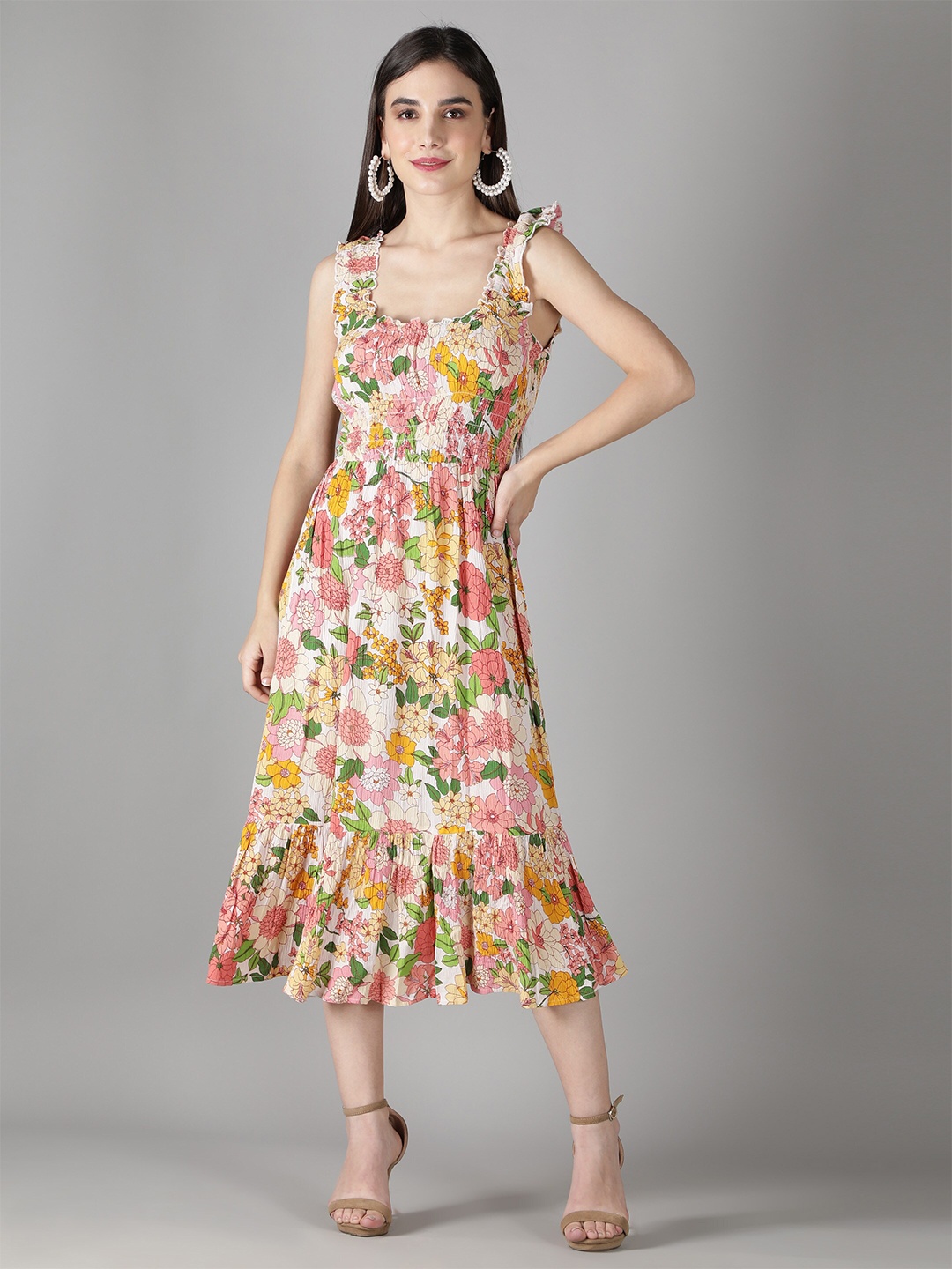 

DEBONATELLA Women Off White Floral Printed A-Line Midi Dress