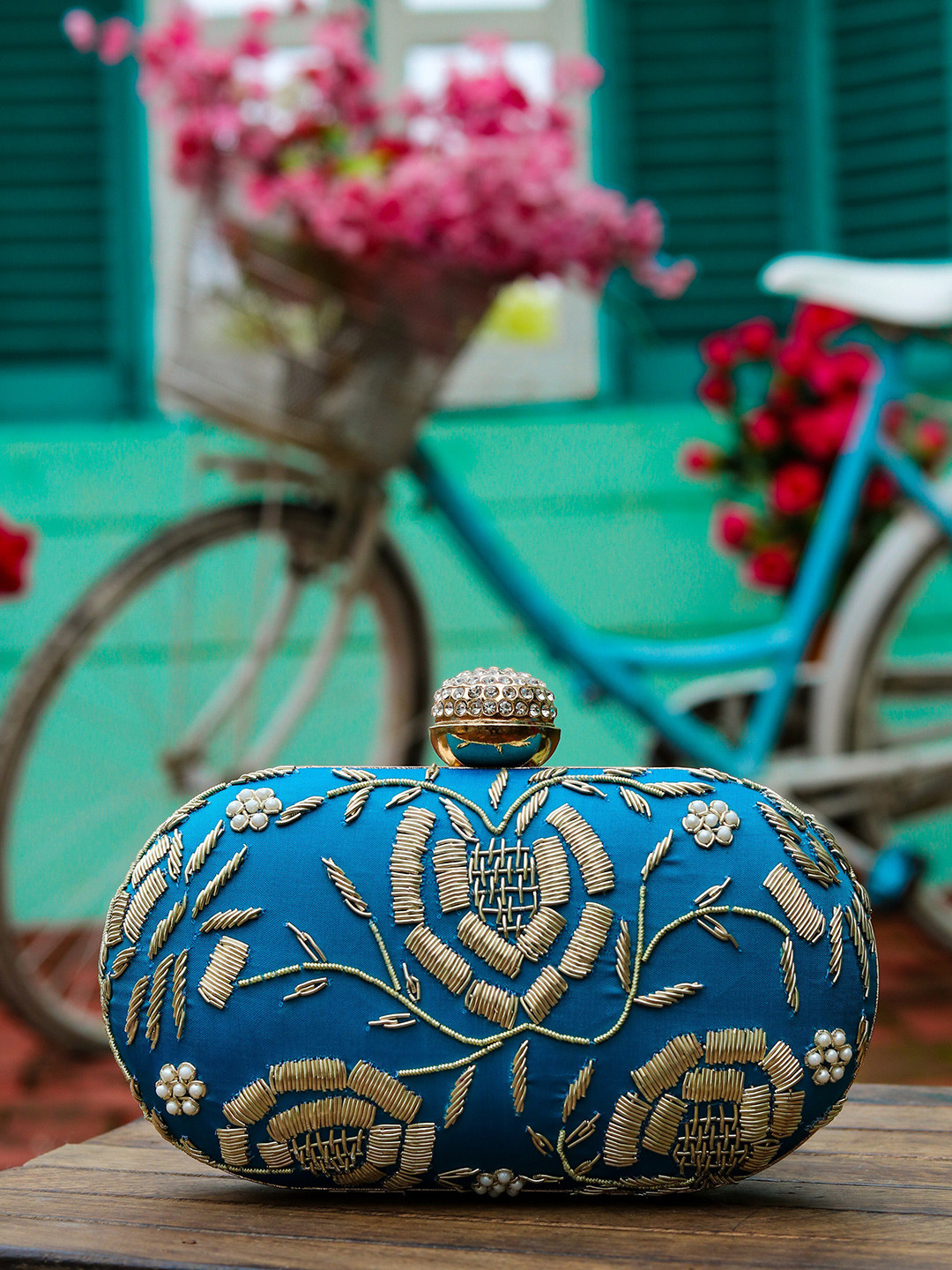 

NR By Nidhi Rathi Turquoise Blue & Gold-Toned Embroidered Embroidered Box Clutch