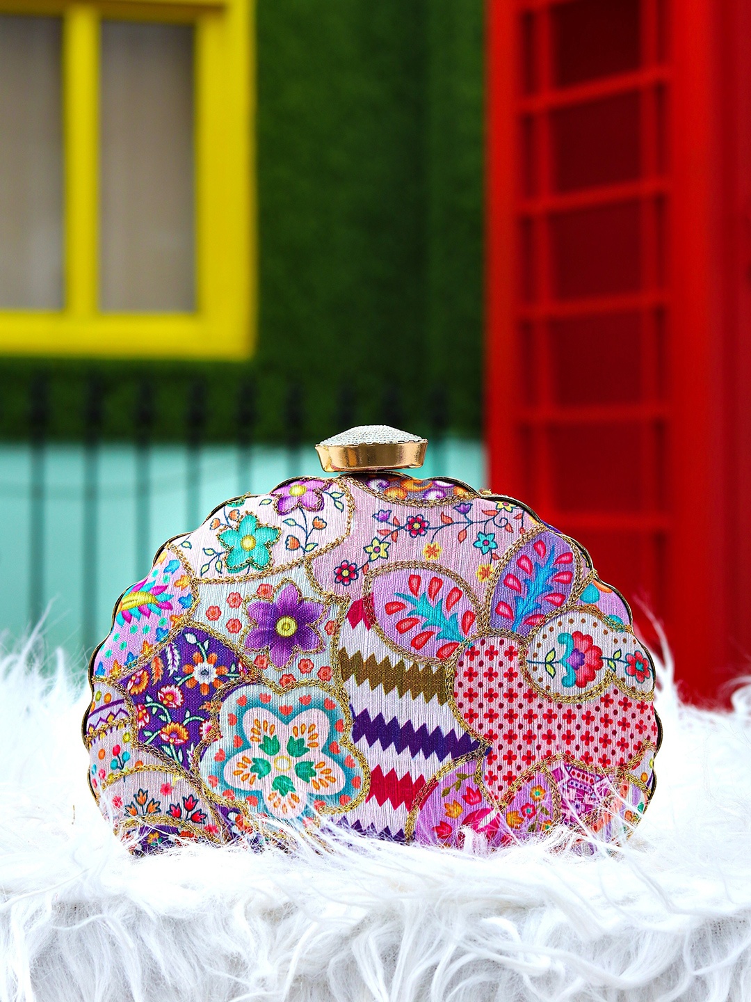 

NR By Nidhi Rathi Pink & White Printed Embroidered Box Clutch