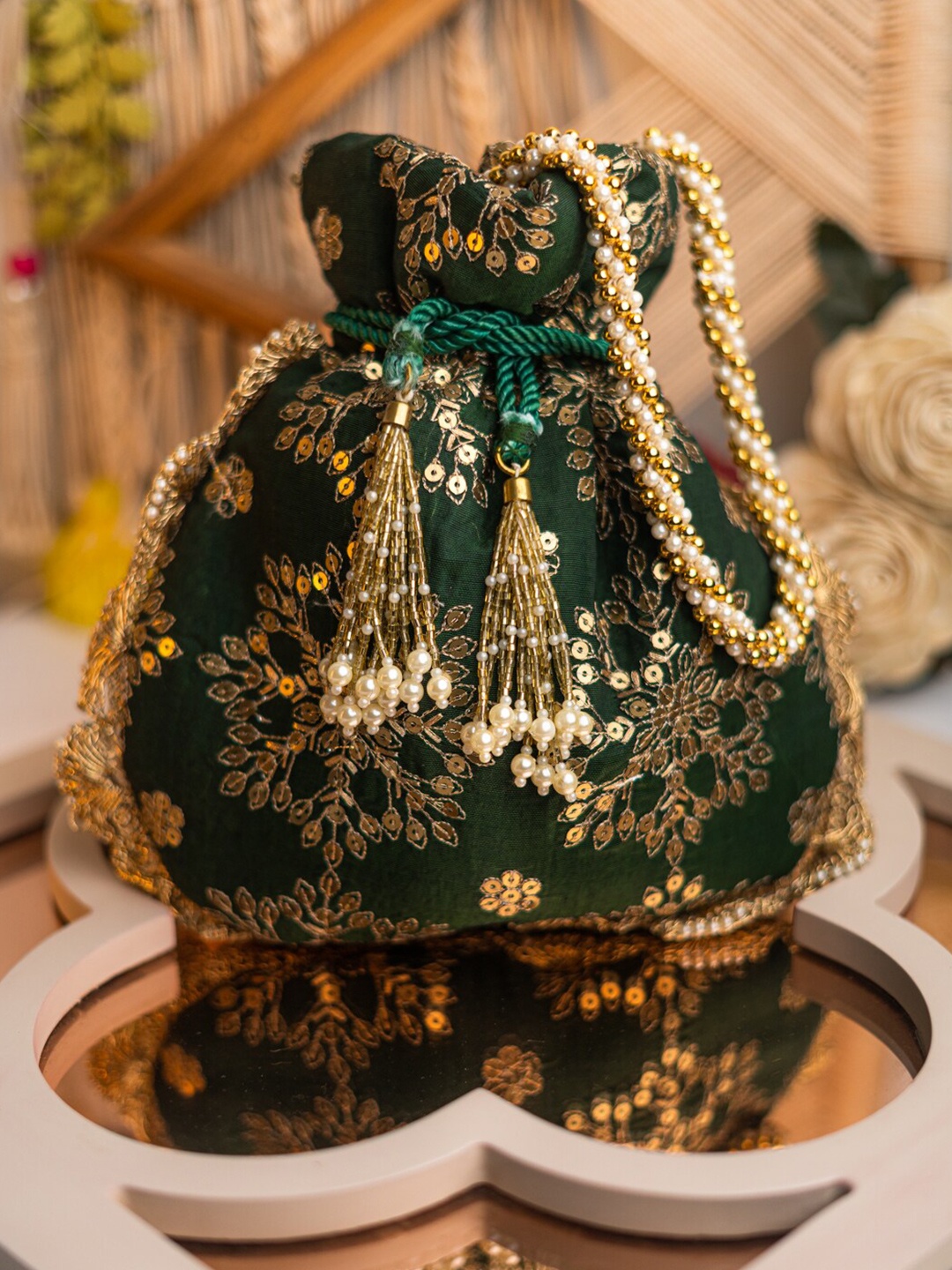 

NR By Nidhi Rathi Green & Gold-Toned Embroidered Embroidered Potli Clutch