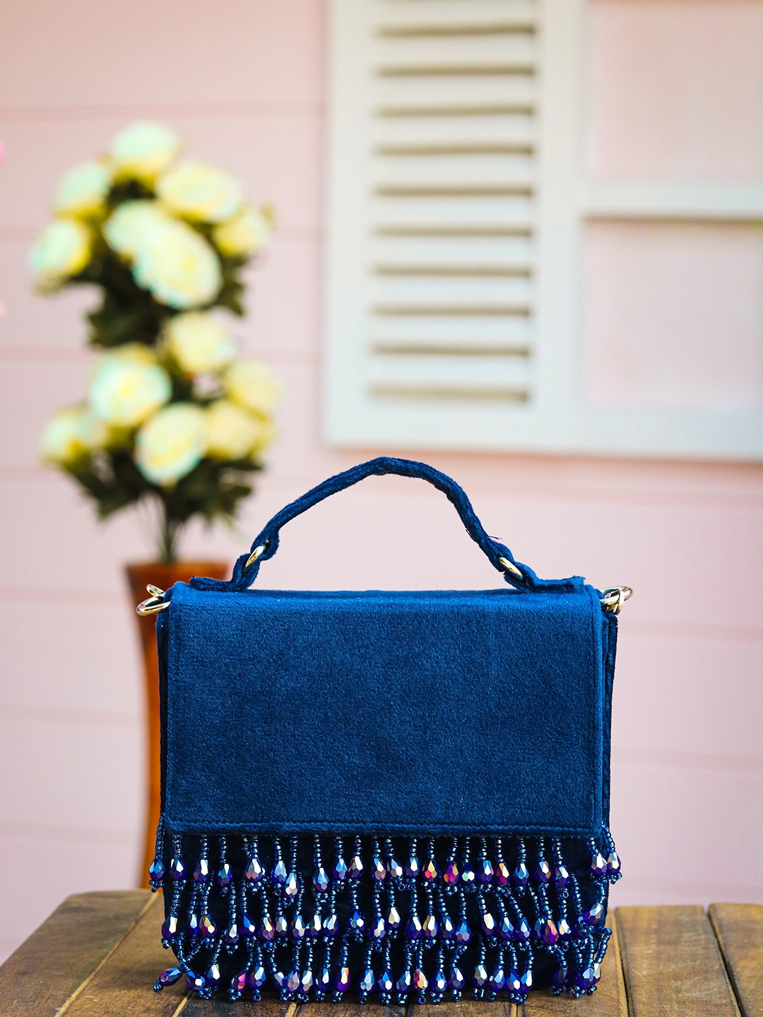 

NR By Nidhi Rathi Navy Blue Embroidered Tasselled Purse Clutch
