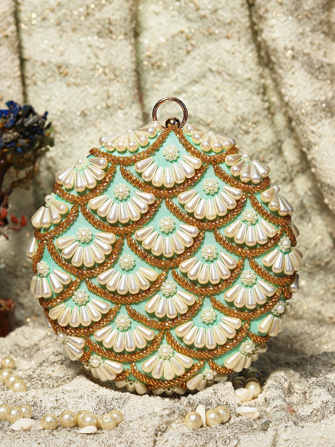 

NR By Nidhi Rathi Women Blue & Gold-Toned Embroidered Box Clutch
