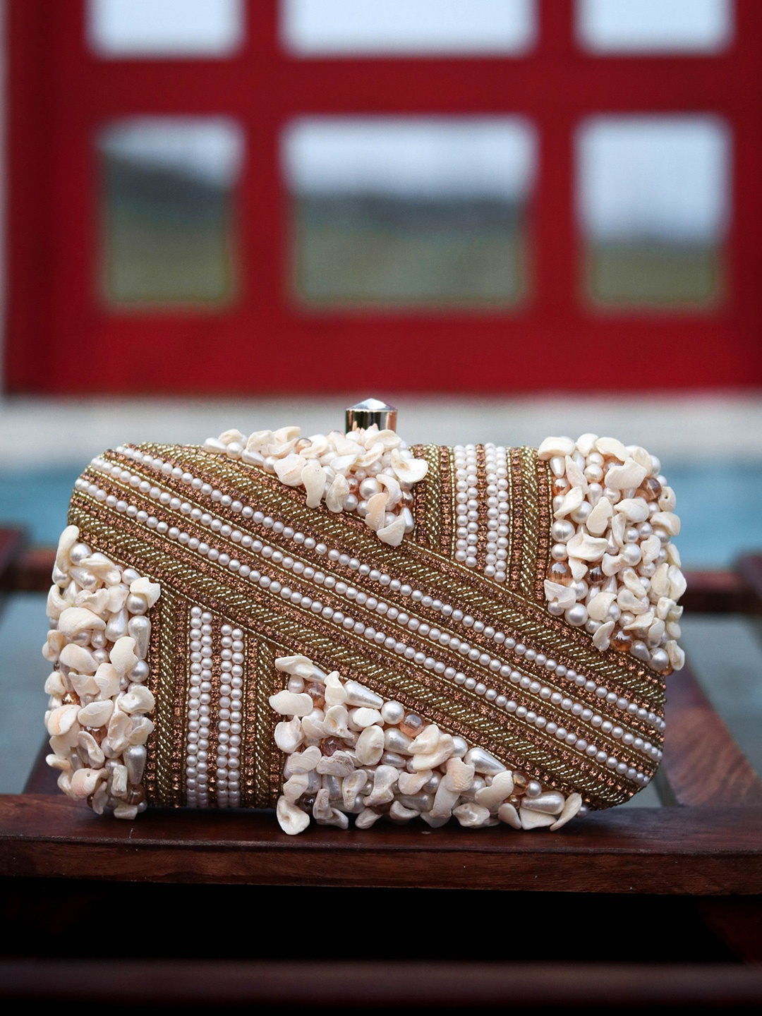 

NR By Nidhi Rathi Gold-Toned & White Embellished Box Clutch