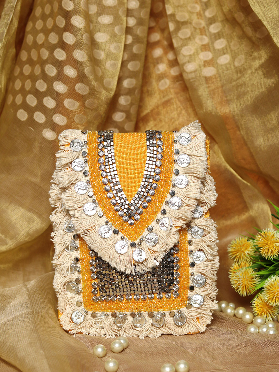 

NR By Nidhi Rathi Yellow & Off White Embroidered Embroidered Purse Clutch