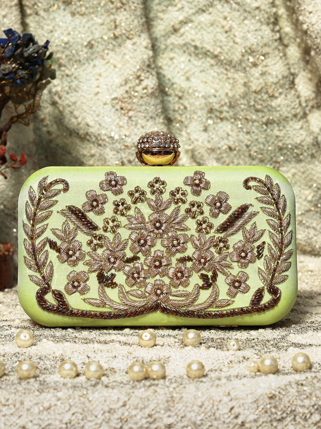 

NR By Nidhi Rathi Women Green & Grey Embroidered Embroidered Box Clutch