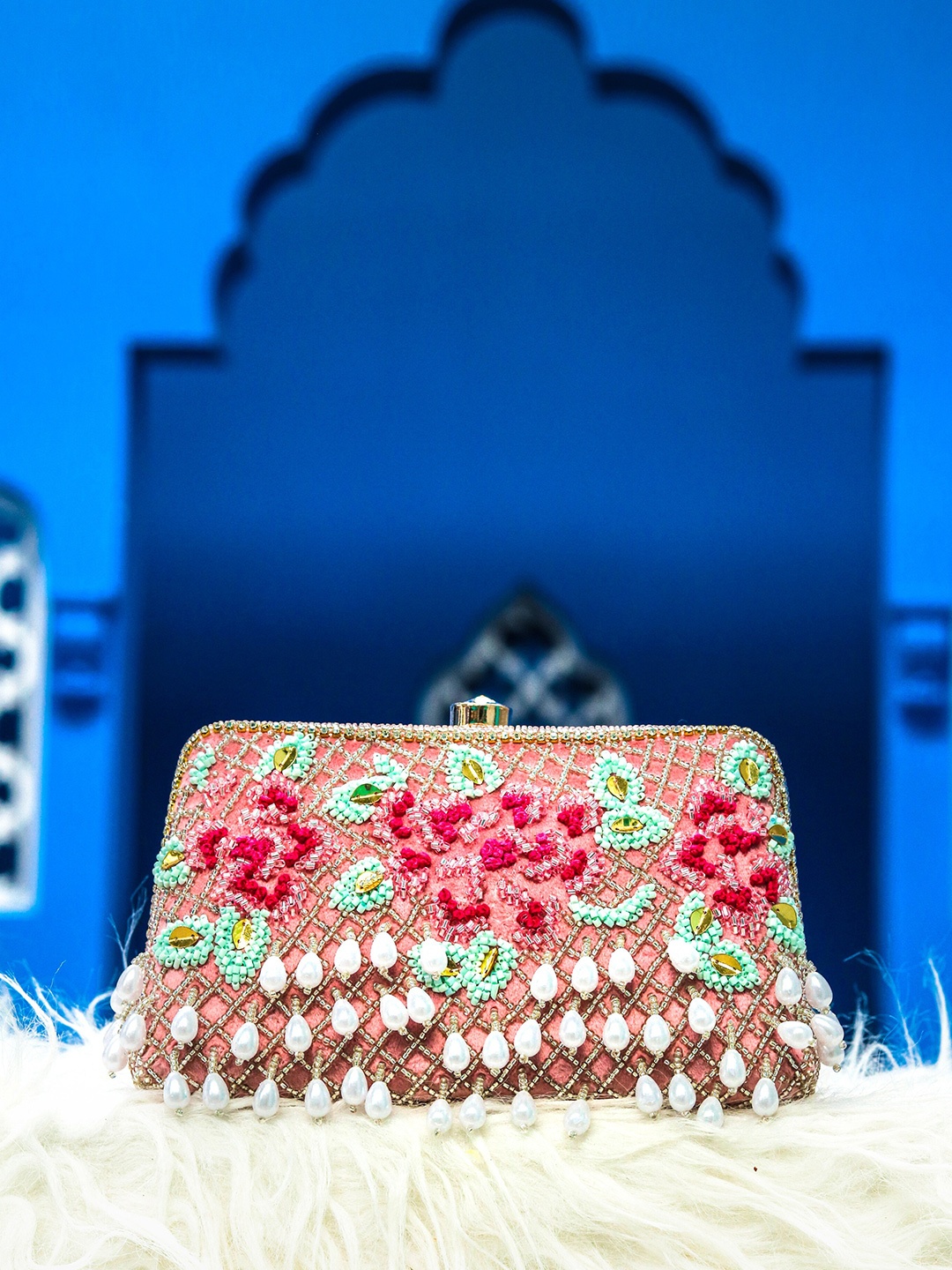 

NR By Nidhi Rathi Pink & Blue Embroidered Embroidered Box Clutch