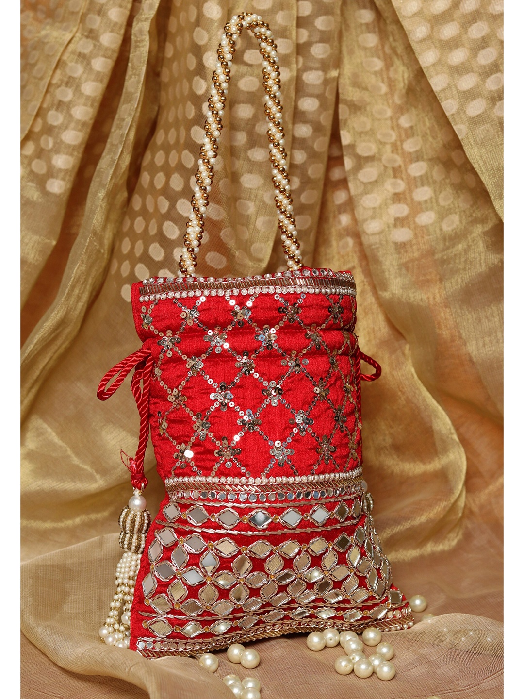 

NR By Nidhi Rathi Red & White Embroidered Embroidered Potli Clutch