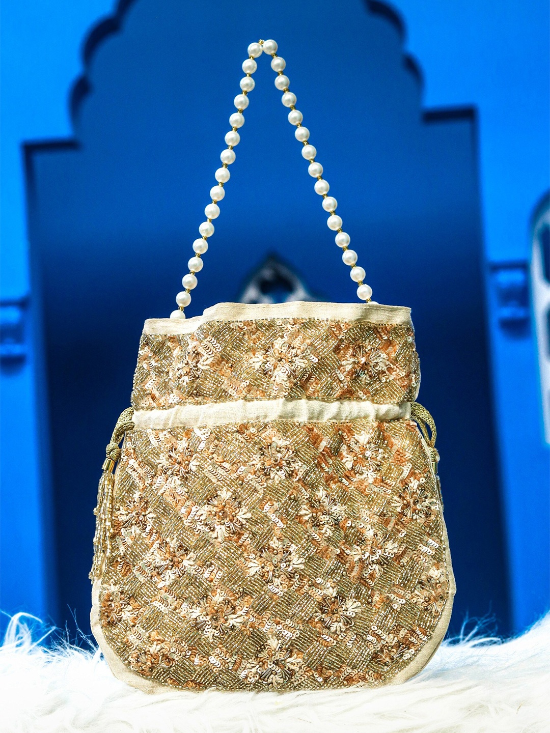 

NR By Nidhi Rathi Gold-Toned Embroidered Embroidered Potli Clutch
