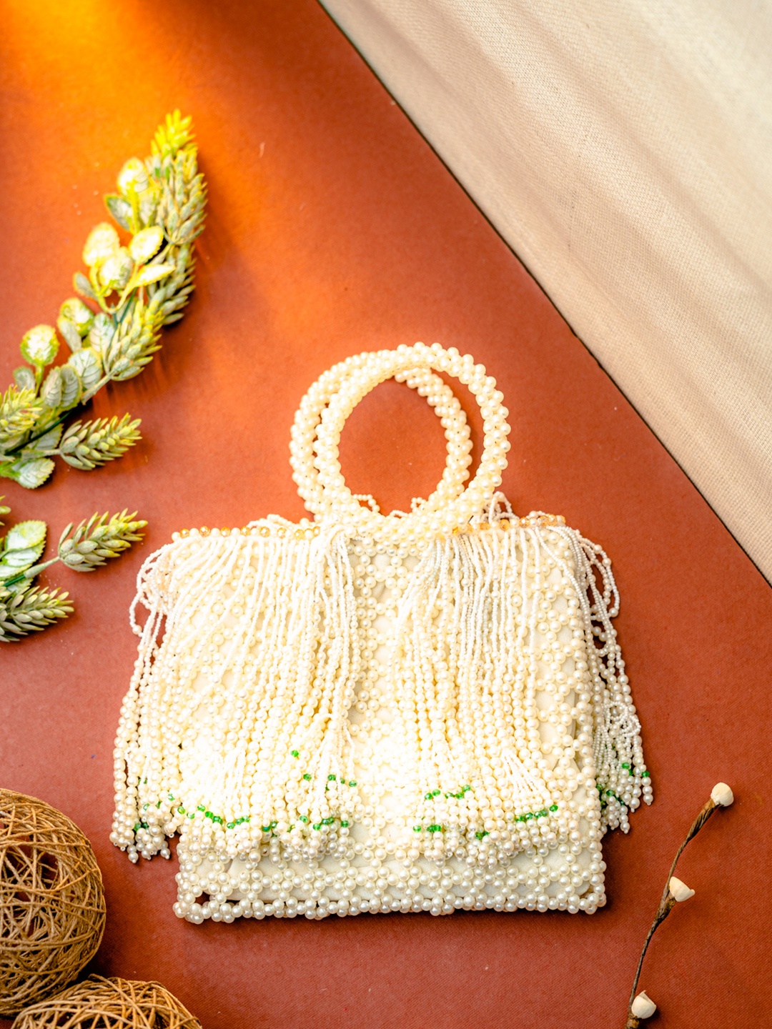

NR By Nidhi Rathi White & Green Embroidered Tasselled Potli Clutch