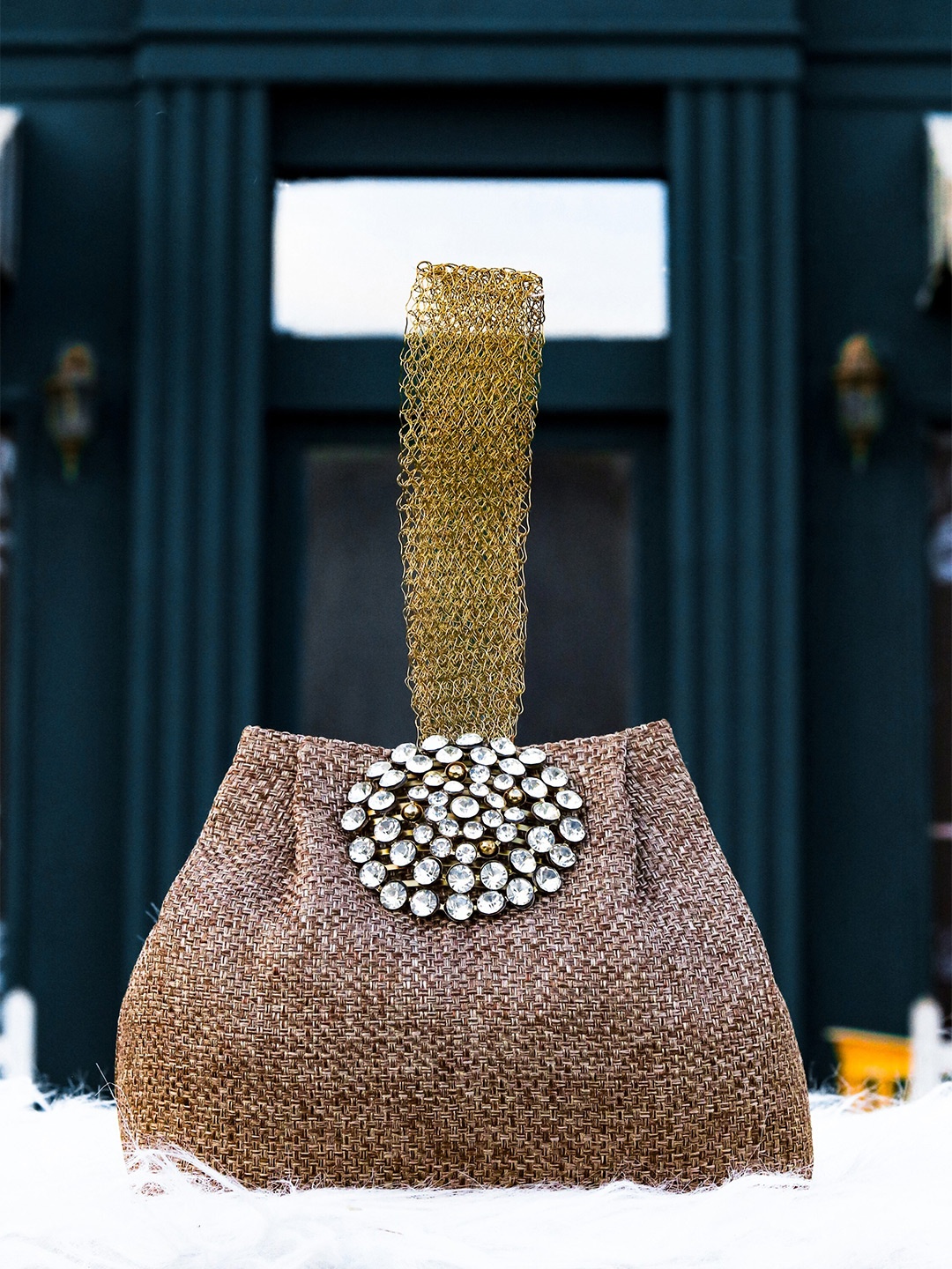 

NR By Nidhi Rathi Brown & Gold-Toned Embellished Embellished Purse Clutch