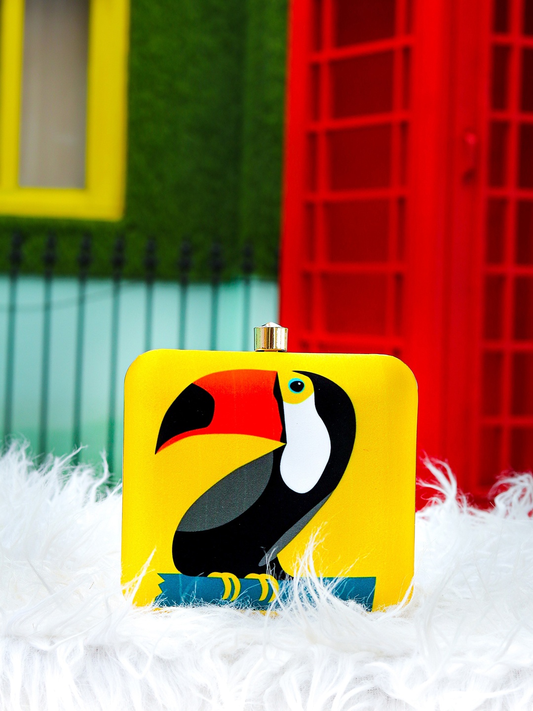 

NR By Nidhi Rathi Yellow & Black Printed Box Clutch